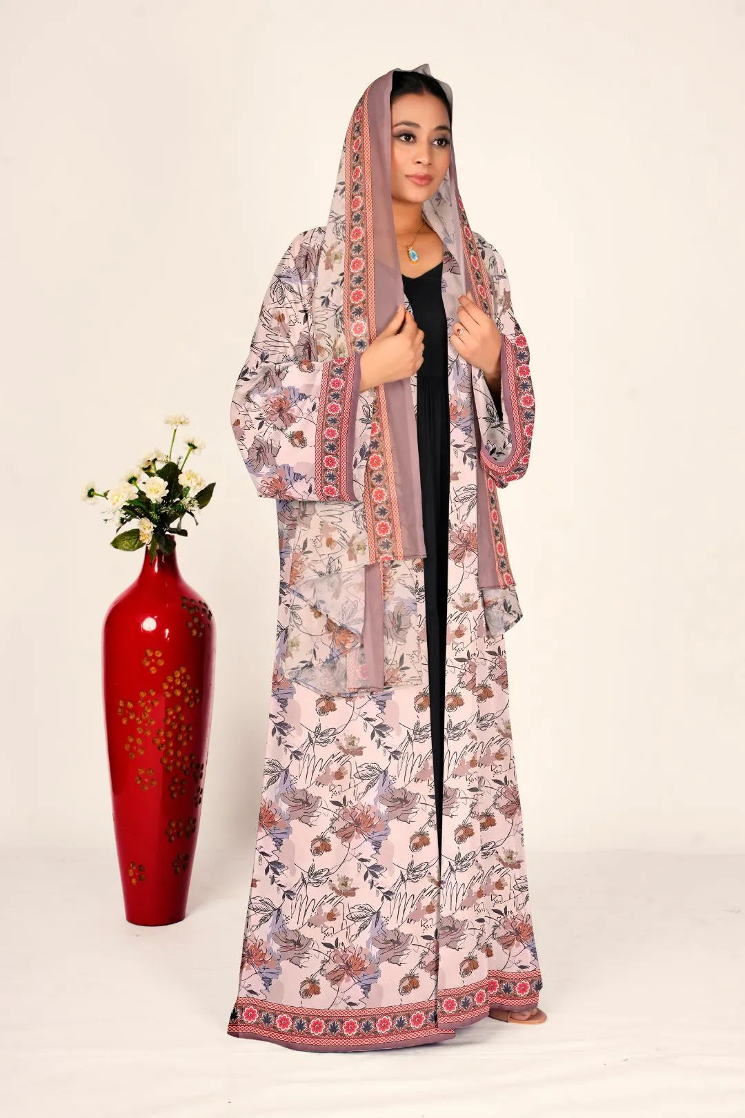 Women Chiffon Floral Long Shrug Open Front Full Length Modest Wear