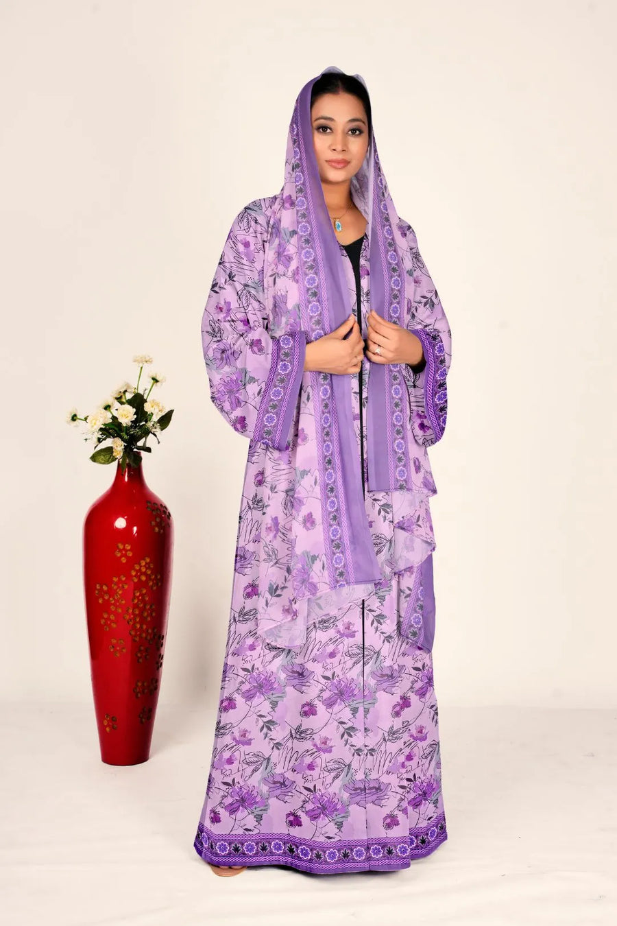 Women Chiffon Floral Long Shrug Open Front Full Length Modest Wear