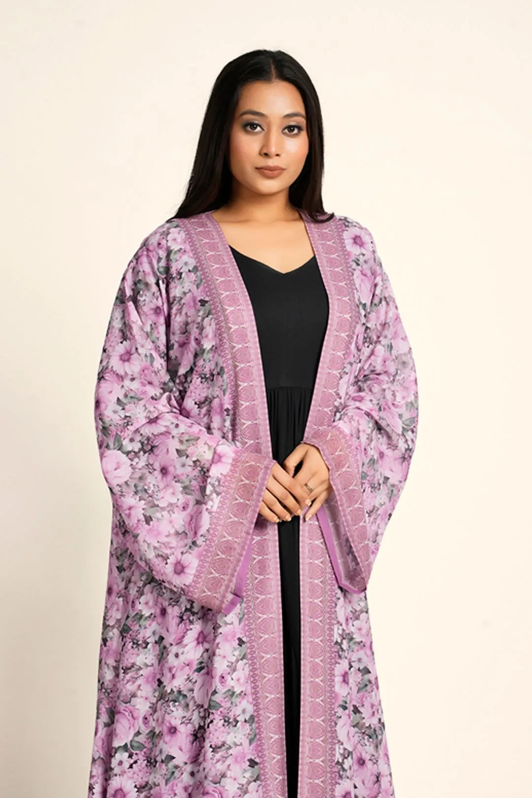 Women Chiffon Long Shrug Floral Open Front Full Length Modest Wear
