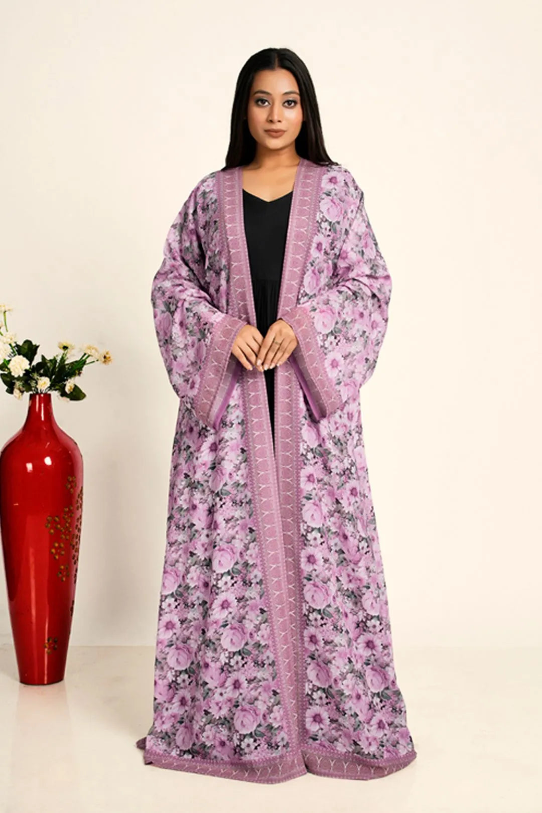 Women Chiffon Long Shrug Floral Open Front Full Length Modest Wear