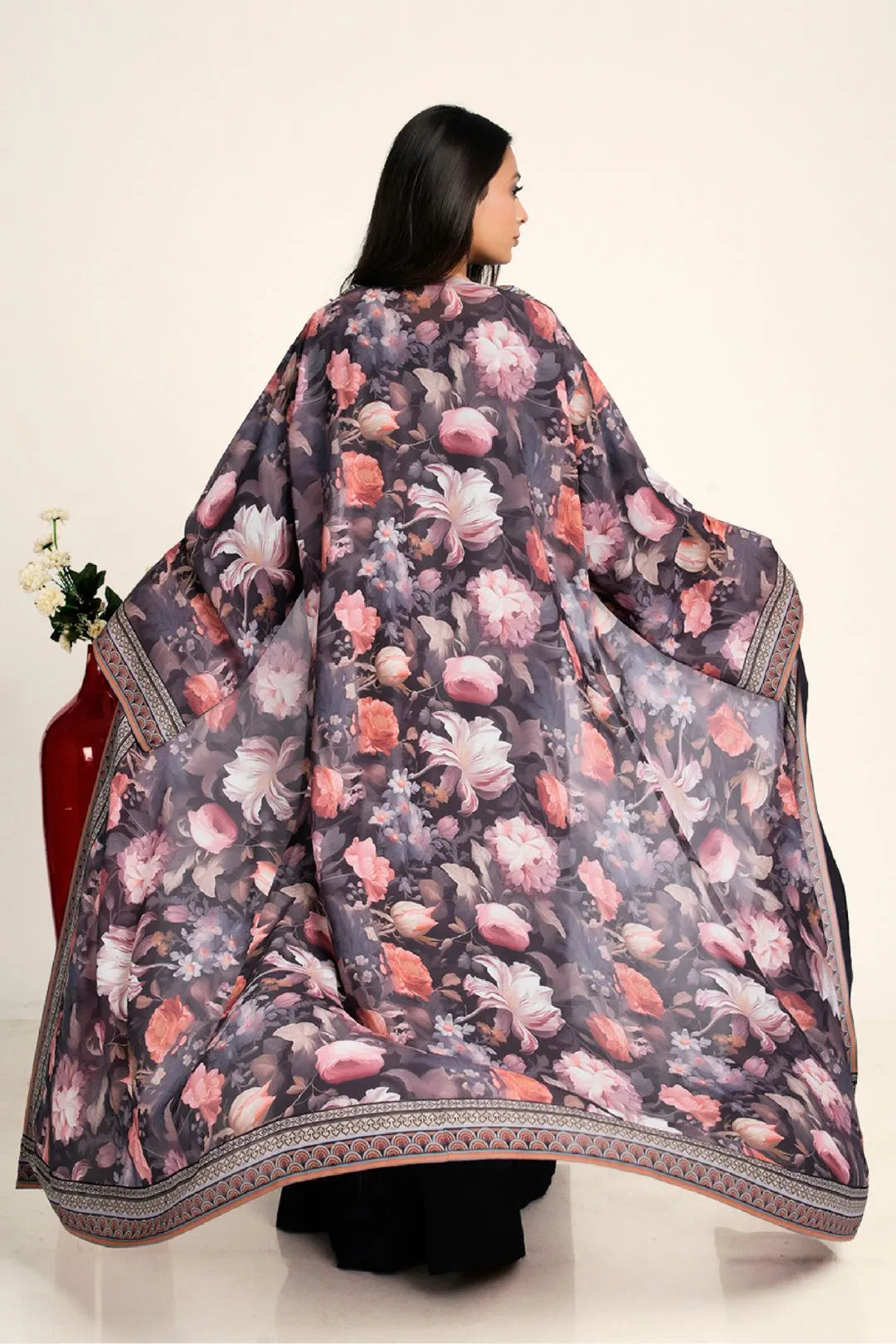 Women Chiffon Open Front Shrug Full Length Floral Modest Overlay