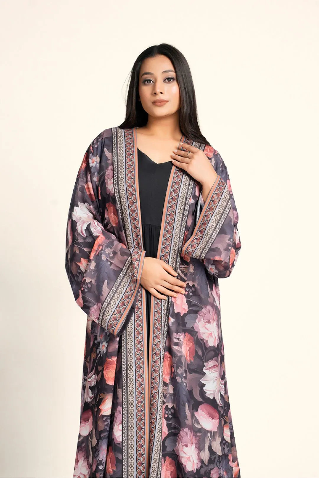 Women Chiffon Open Front Shrug Full Length Floral Modest Overlay