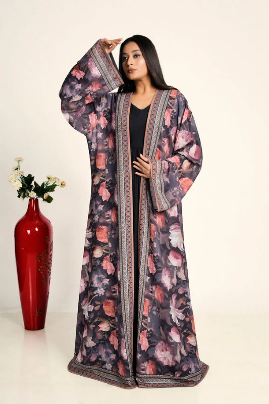 Women Chiffon Open Front Shrug Full Length Floral Modest Overlay