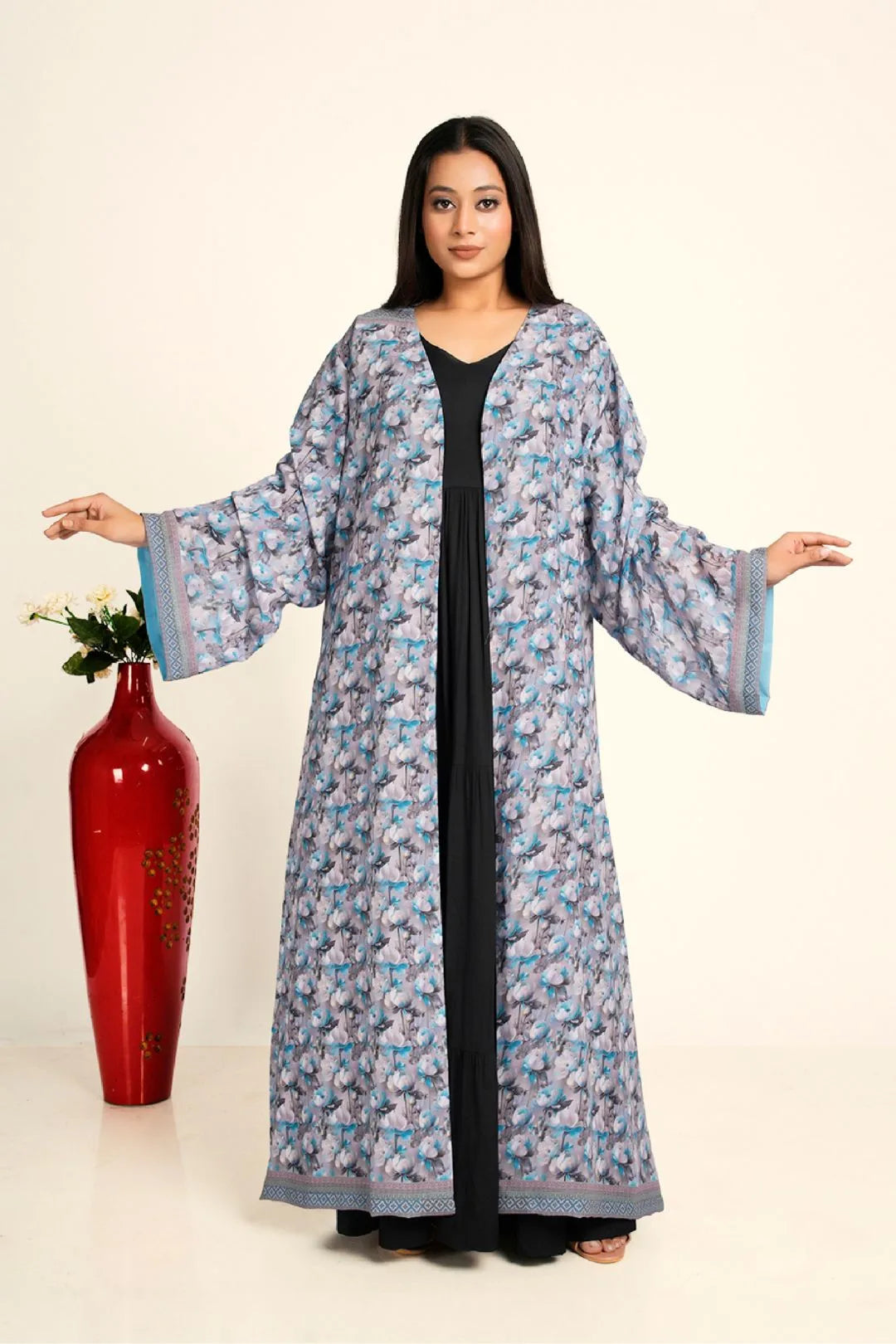 Women Chiffon Open Front Shrug Full Length Floral Modest Wear Jacket