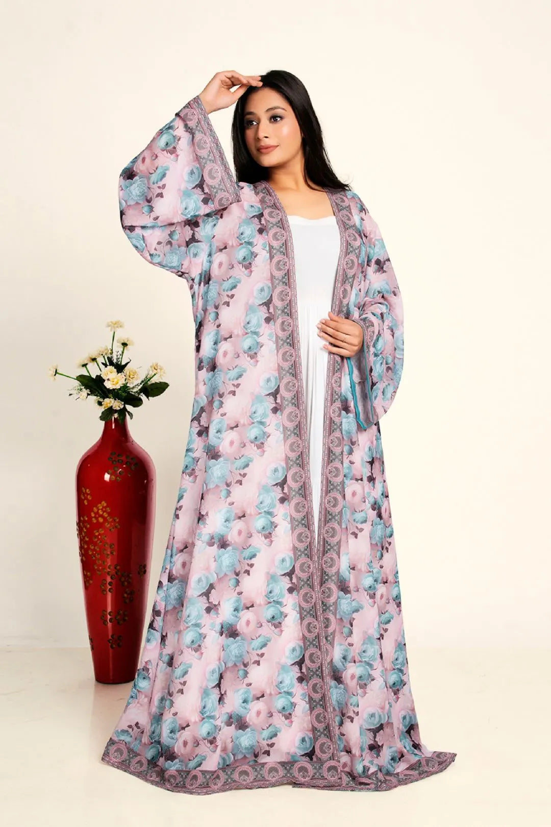 Women Chiffon Open Front Shrug Full Length Floral Modest Wear Layer