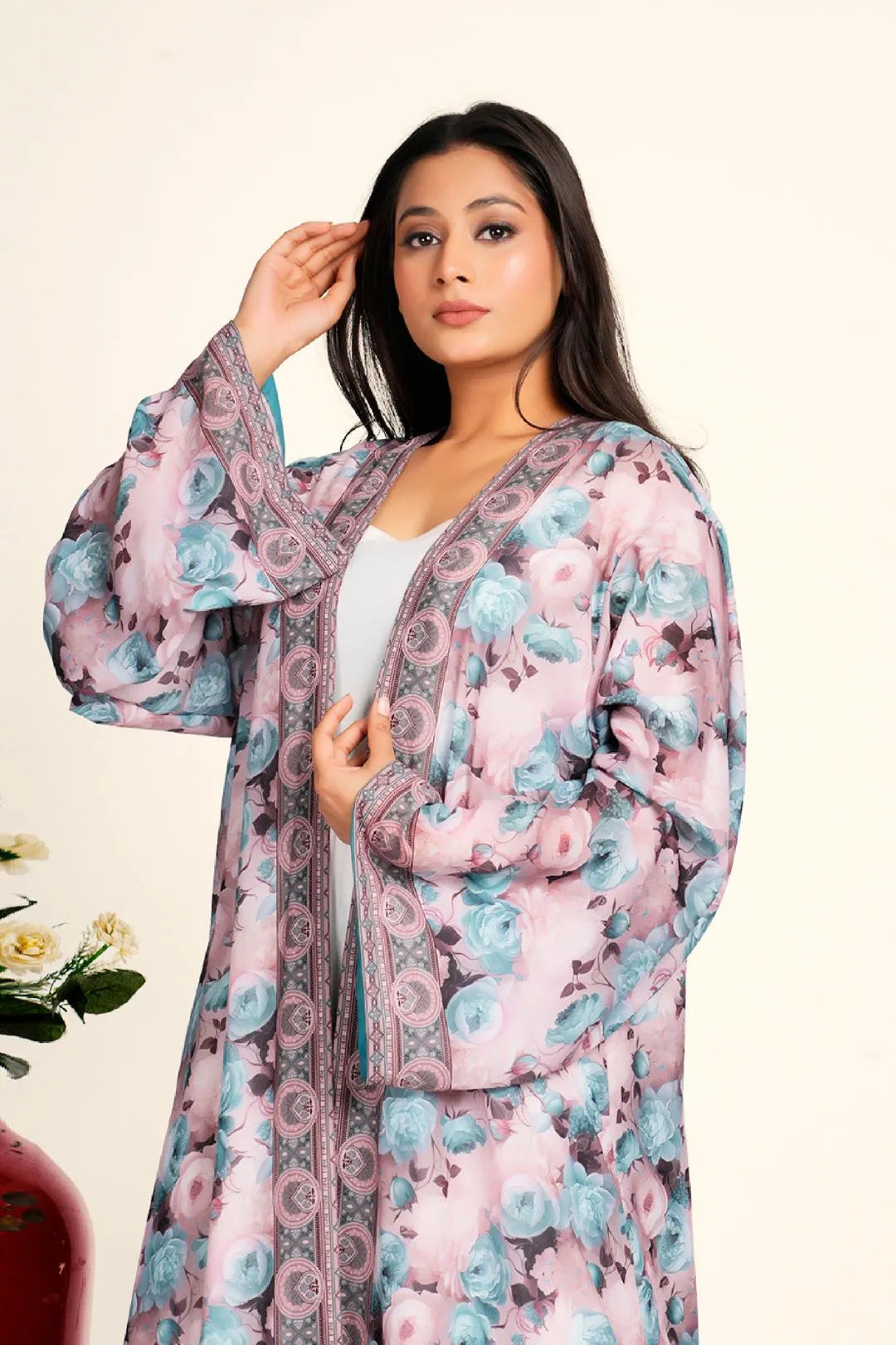 Women Chiffon Open Front Shrug Full Length Floral Modest Wear Layer
