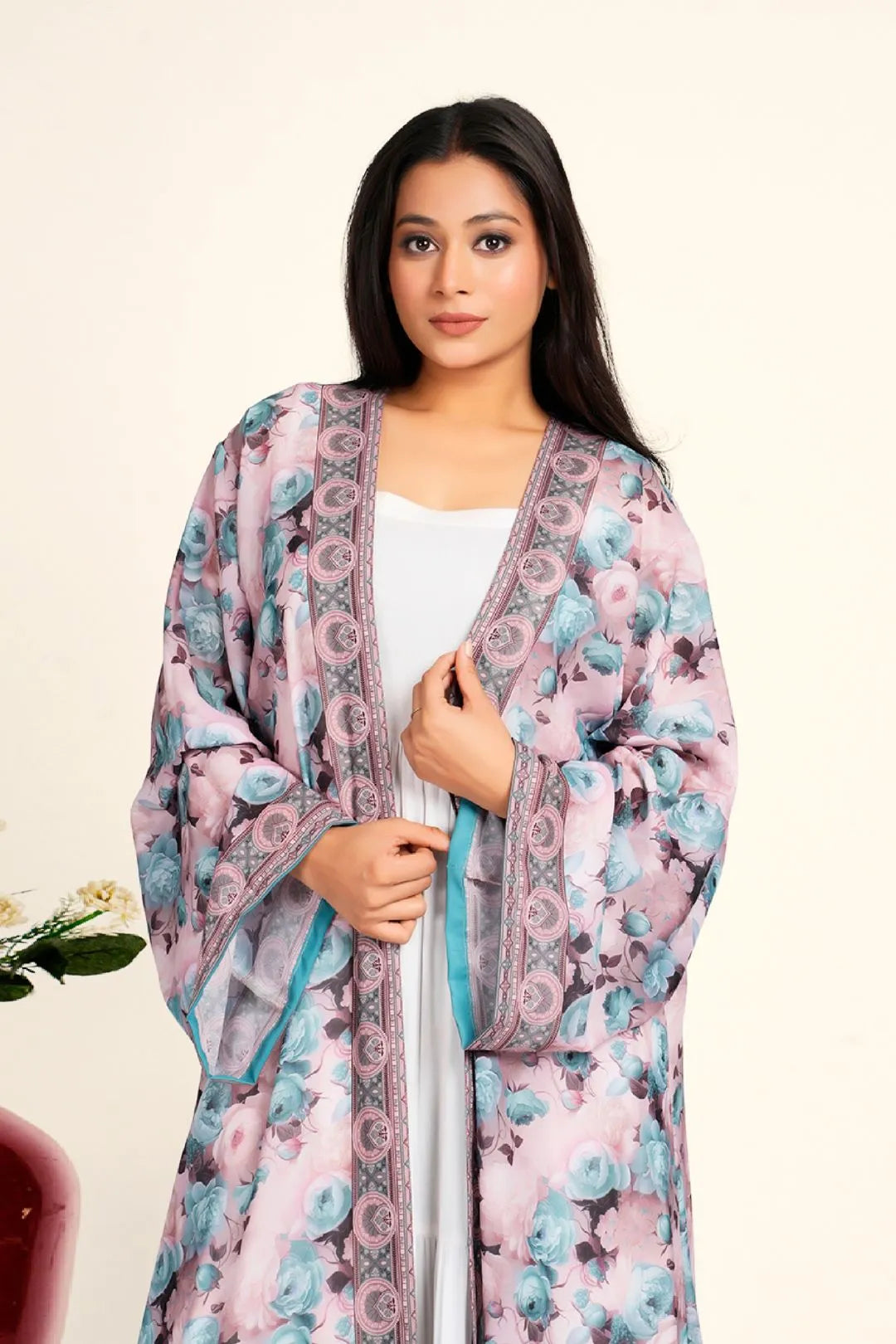 Women Chiffon Open Front Shrug Full Length Floral Modest Wear Layer