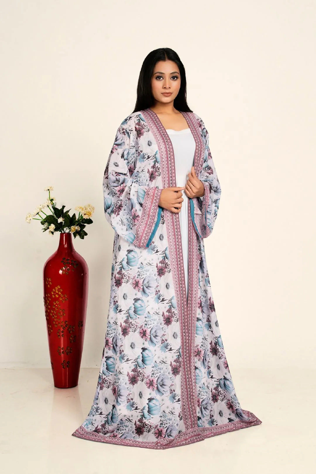Women Chiffon Open Front Shrug Full Length Floral Modest Wear Layering