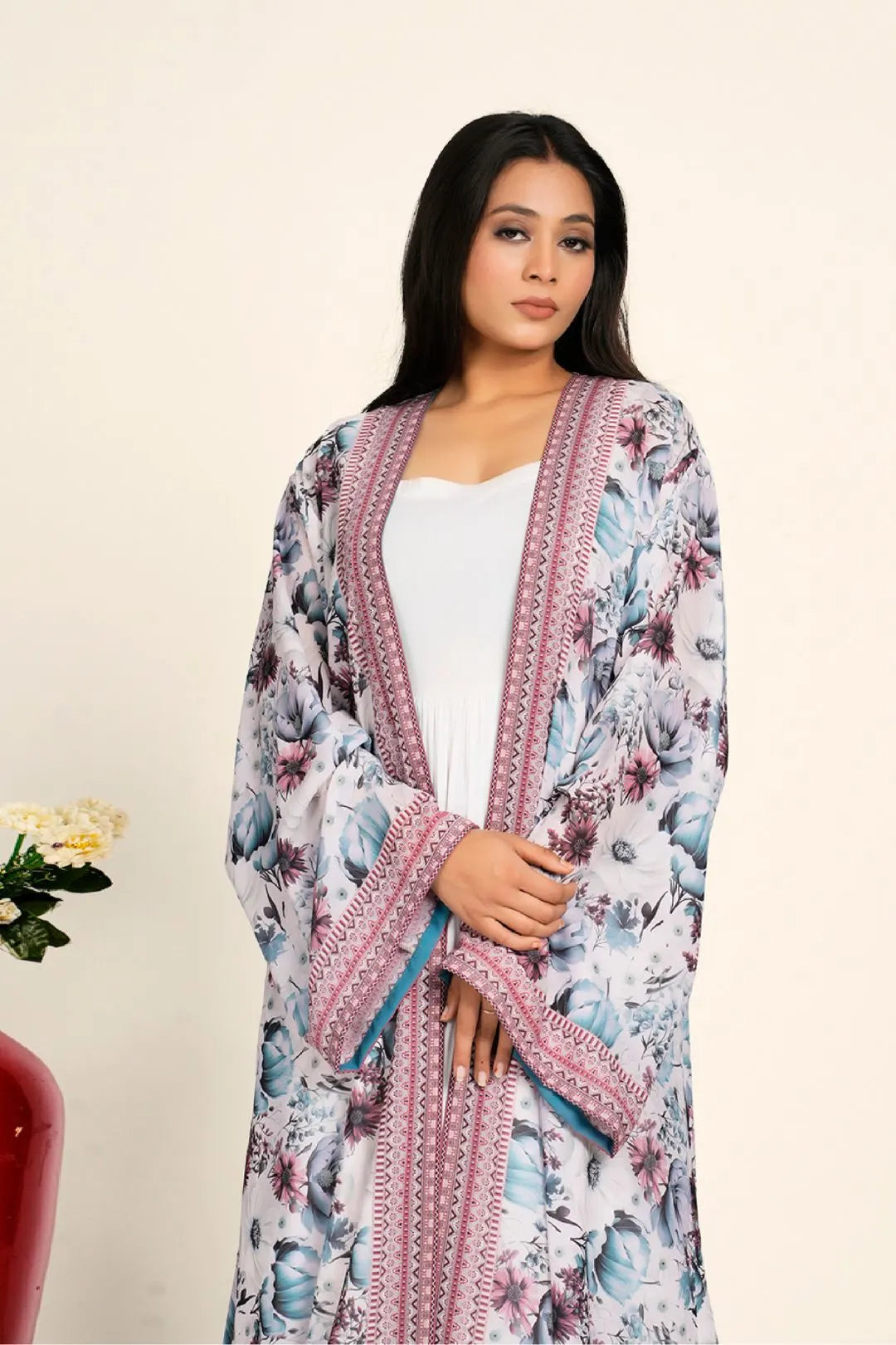 Women Chiffon Open Front Shrug Full Length Floral Modest Wear Layering