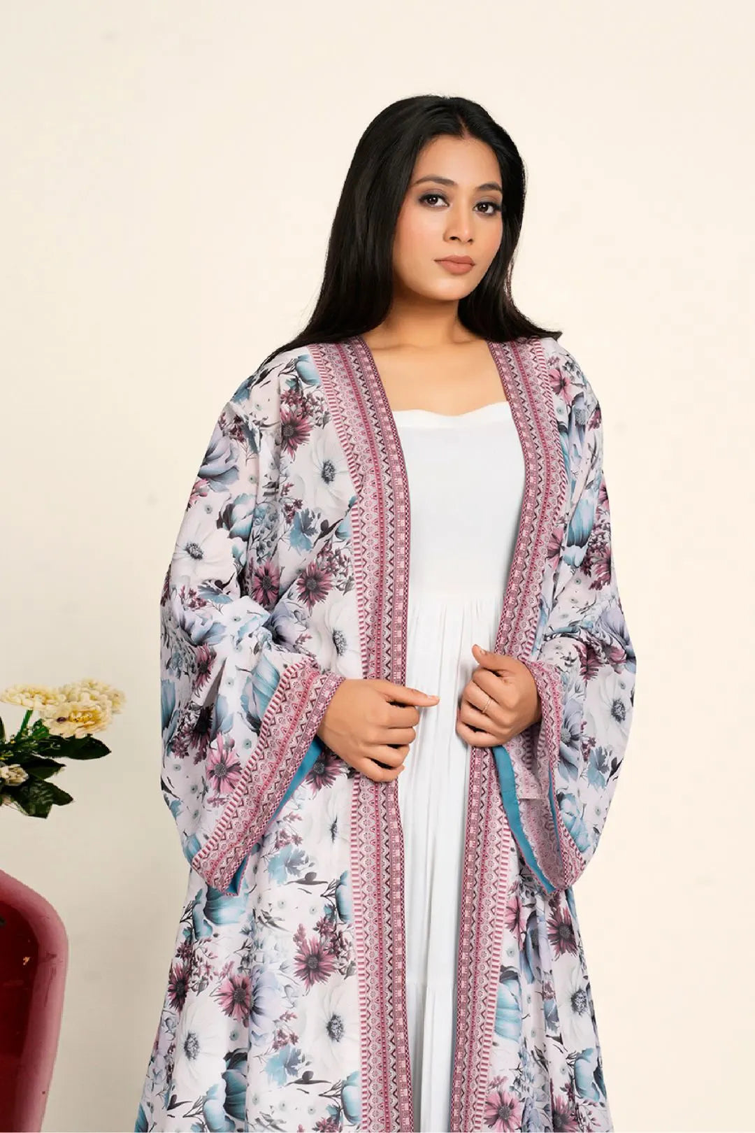Women Chiffon Open Front Shrug Full Length Floral Modest Wear Layering