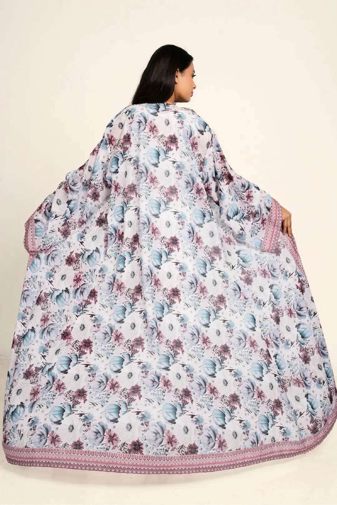 Women Chiffon Open Front Shrug Full Length Floral Modest Wear Layering
