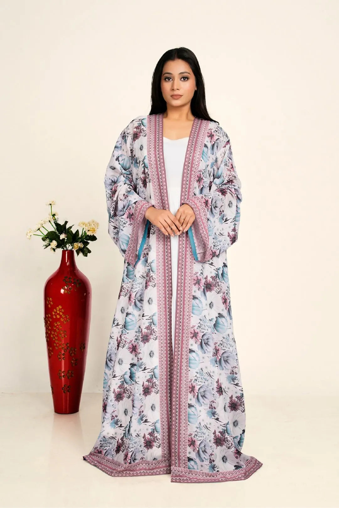 Women Chiffon Open Front Shrug Full Length Floral Modest Wear Layering