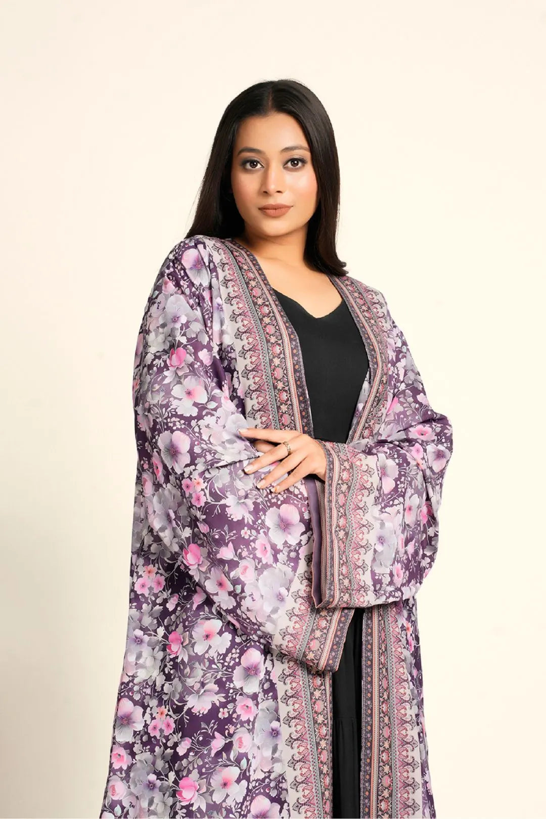 Women Chiffon Open Front Shrug Full Length Floral Modest Wear Outer Layer
