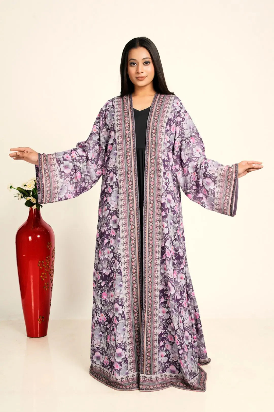 Women Chiffon Open Front Shrug Full Length Floral Modest Wear Outer Layer
