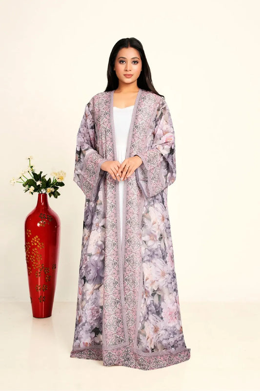 Women Chiffon Open Front Shrug Full Length Printed Modest Wear Abaya