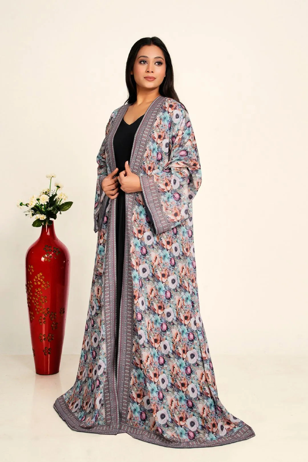 Women Chiffon Open Front Shrug Full Length Printed Modest Wear Overlay