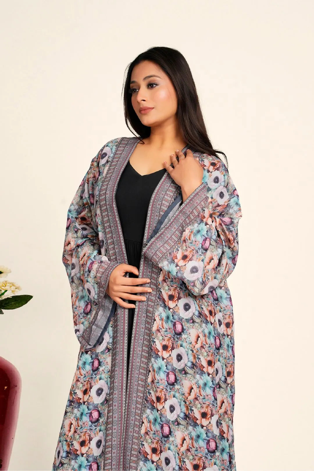 Women Chiffon Open Front Shrug Full Length Printed Modest Wear Overlay
