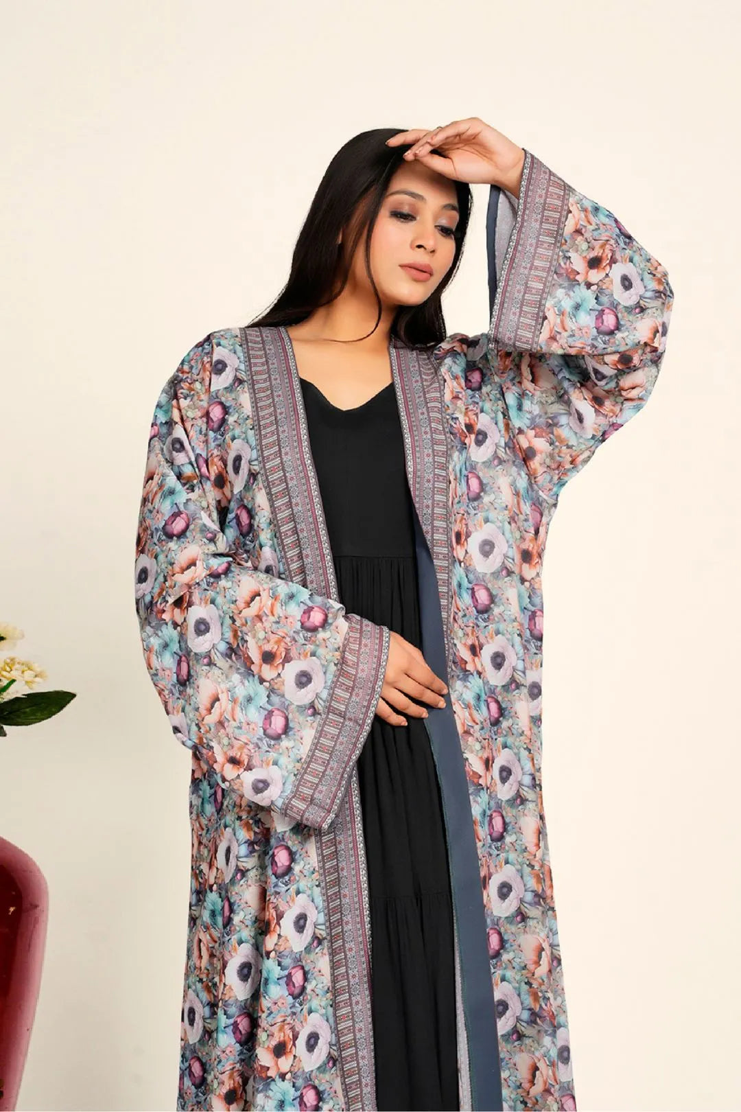 Women Chiffon Open Front Shrug Full Length Printed Modest Wear Overlay