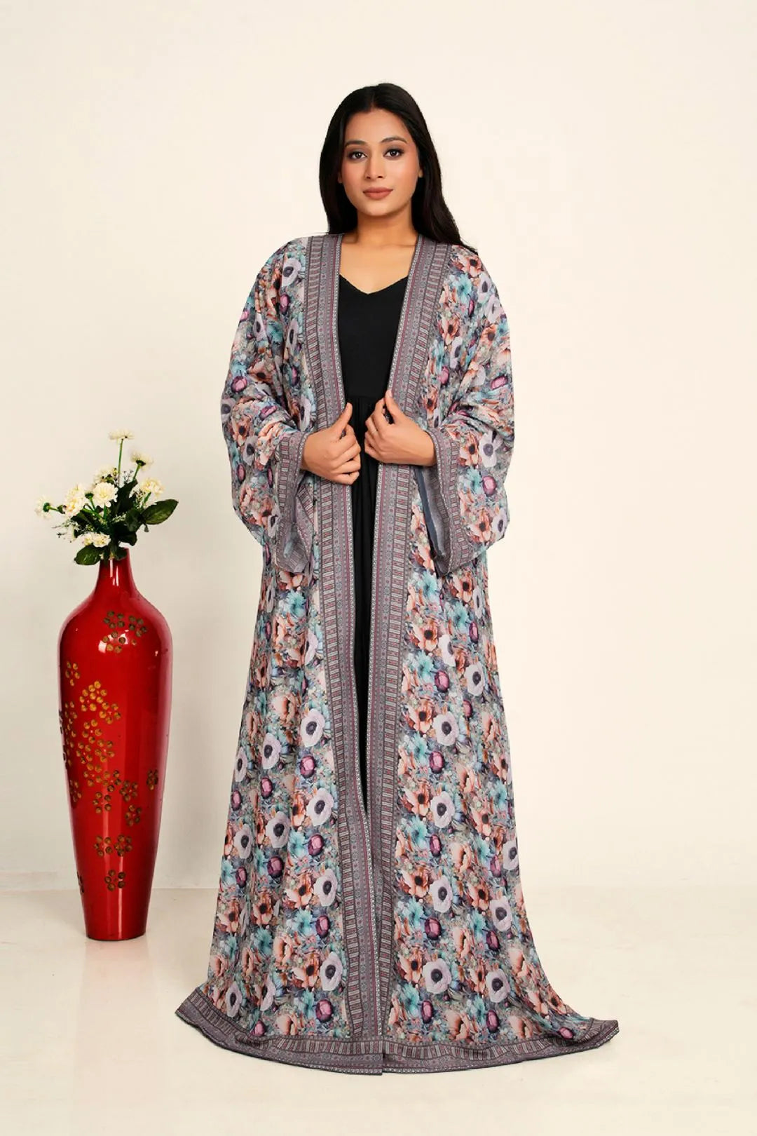 Women Chiffon Open Front Shrug Full Length Printed Modest Wear Overlay