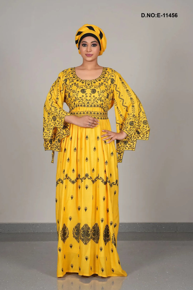 Women's Embroidered Flared Printed Yellow Kaftan