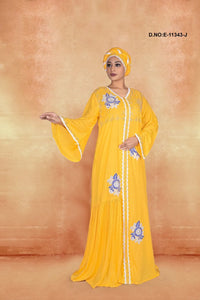 Yellow Abaya Dubai Women Elegant Party Wear Kaftan