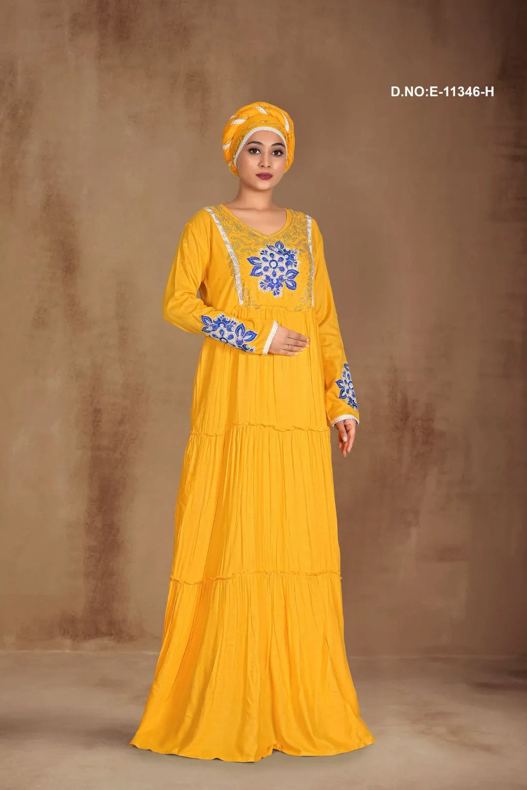 Yellow Designer Layered Long Kaftan Dress For Women