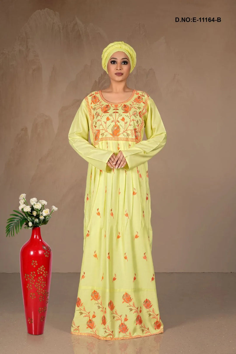 Yellow Embroidered Florer Printed Kaftan With Stole For Women