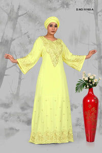 Yellow Golden Neck Embroidery Black Kaftan With Stole