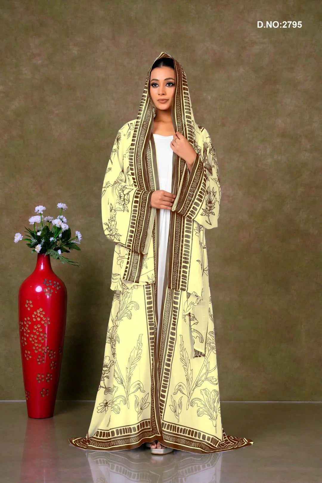 Yellow Graceful Long Shrug with Floral Print Detailing