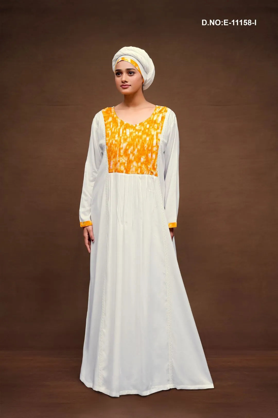 Yellow Neck Design White Kaftan With Scarf For Women