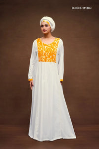 Yellow Neck Design White Kaftan With Scarf For Women
