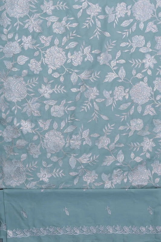 Aqua Blue Cotton Suit with Silver Foil Embroidery - غاجي والا إكسبورت Gajiwala Export