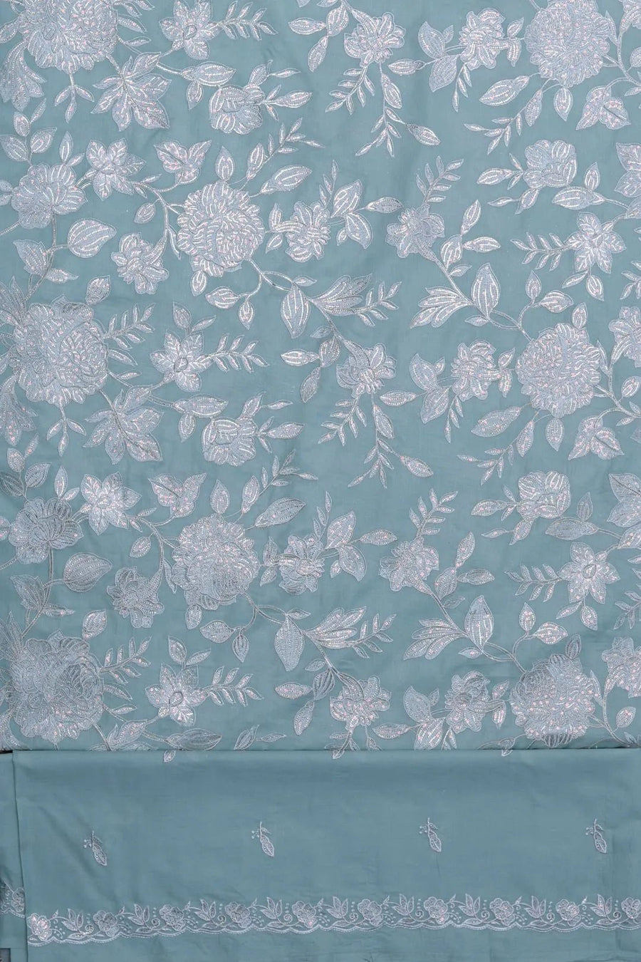 Aqua Blue Cotton Suit with Silver Foil Embroidery - غاجي والا إكسبورت Gajiwala Export