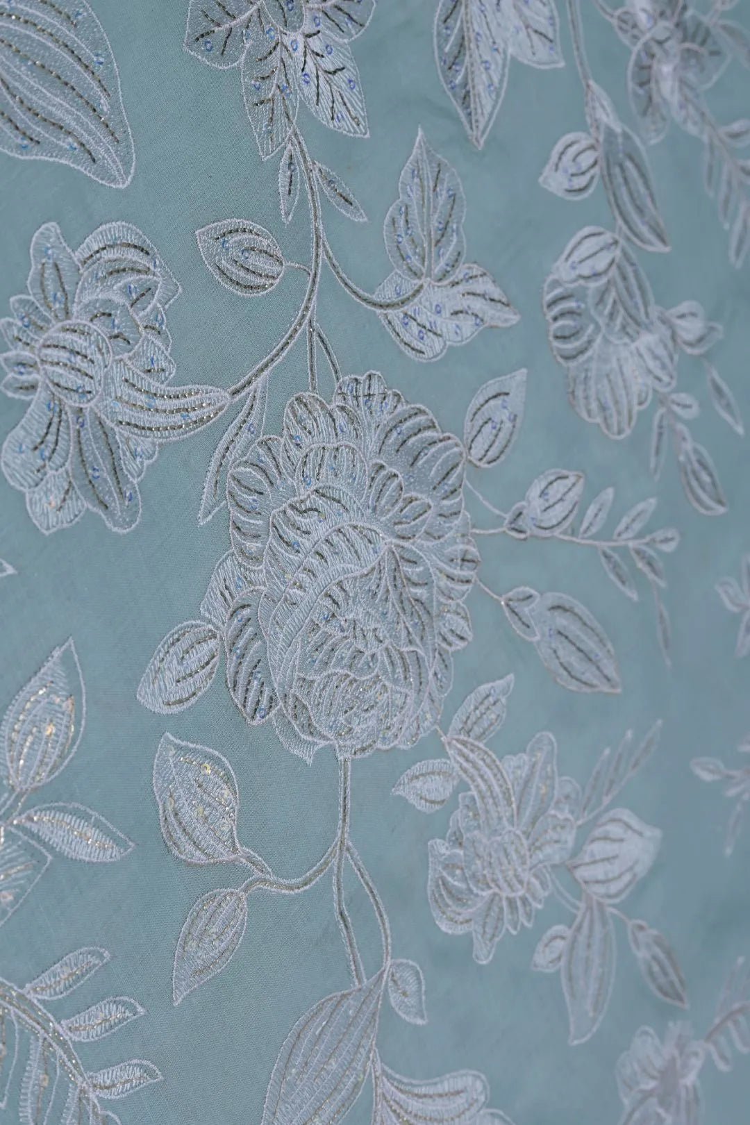 Aqua Blue Cotton Suit with Silver Foil Embroidery - غاجي والا إكسبورت Gajiwala Export