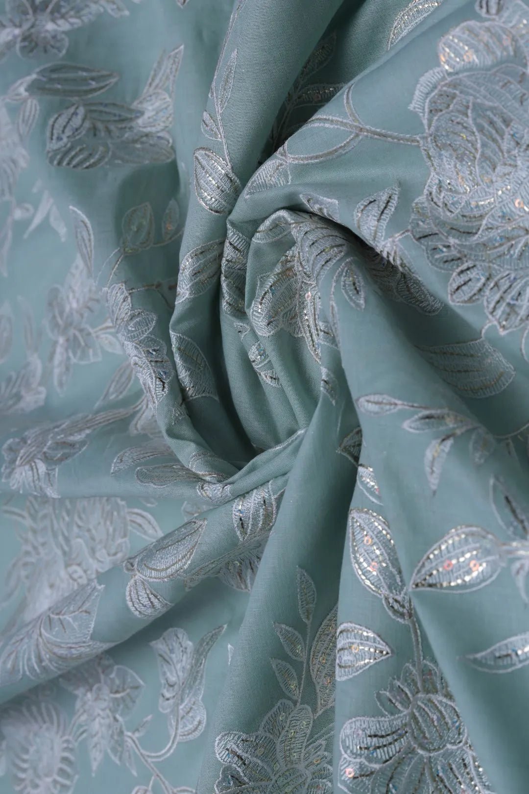 Aqua Blue Cotton Suit with Silver Foil Embroidery - غاجي والا إكسبورت Gajiwala Export