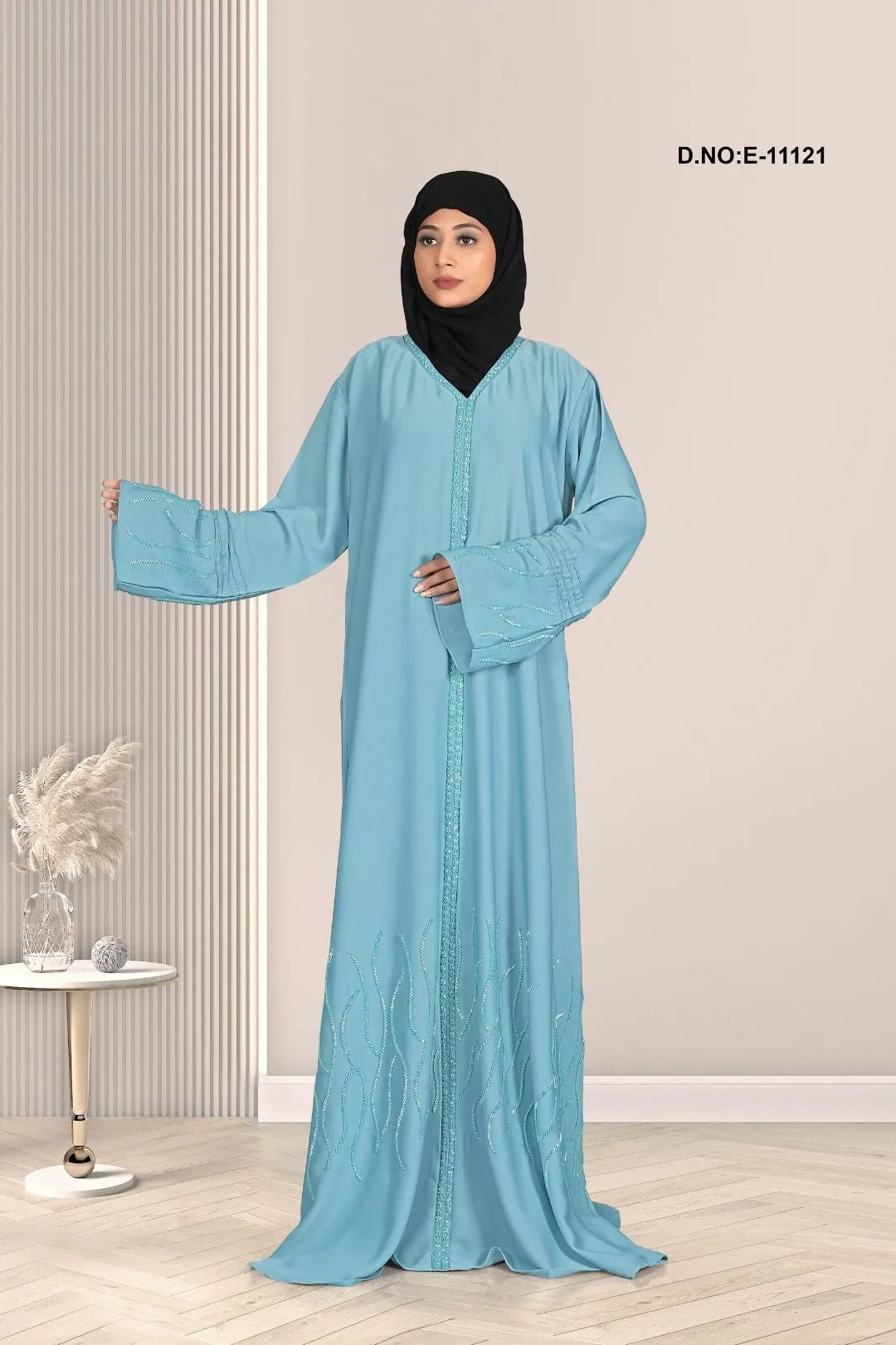 Aqua Blue Flowing Embellished Long Abaya Style Gown - غاجي والا إكسبورت Gajiwala Export