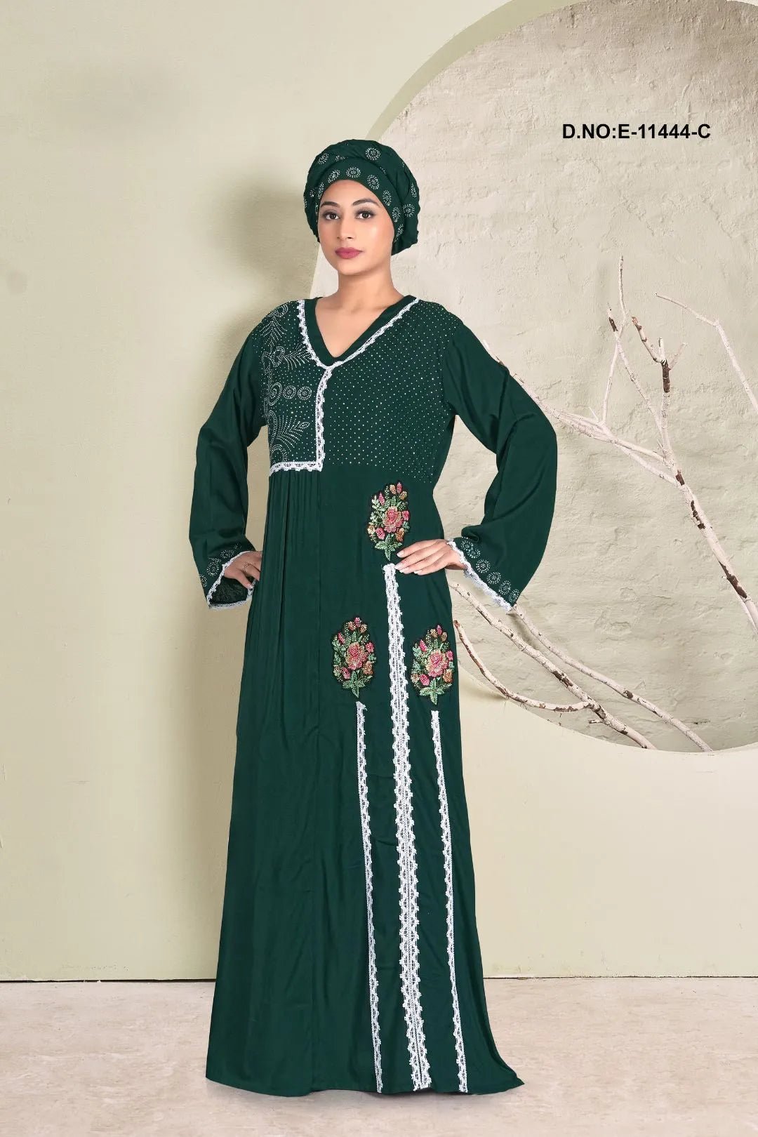 Elegant Floral Lace Kaftan for Women Full-Length Embroidered Dress- غاجي والا إكسبورت Gajiwala Export