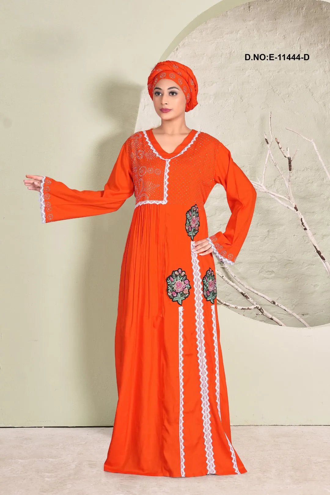 Elegant Floral Lace Kaftan for Women Full-Length Embroidered Dress - غاجي والا إكسبورت Gajiwala Export