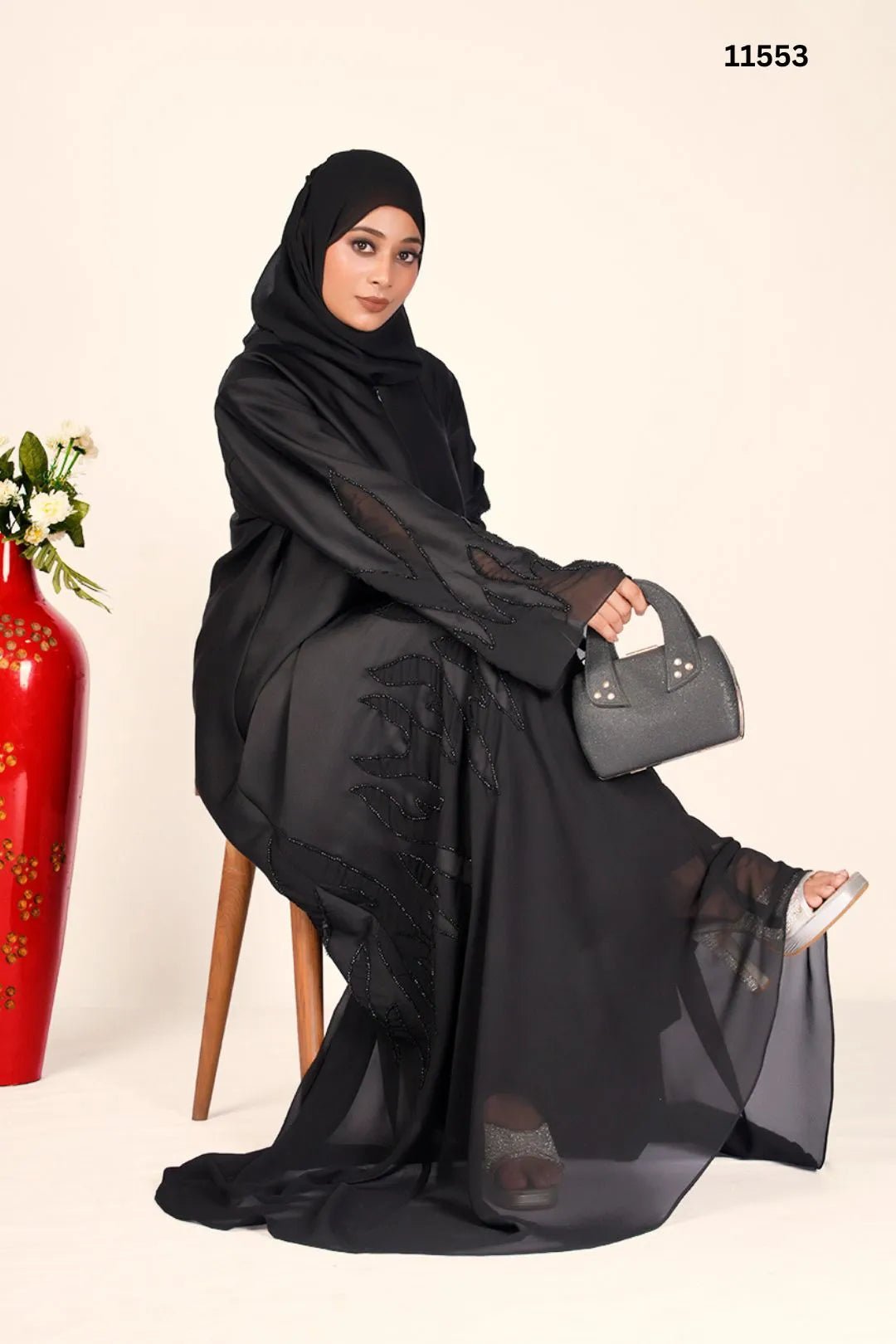 Pleated Black Abaya Georgette & Nida with Embroidered Work- غاجي والا إكسبورت Gajiwala Export