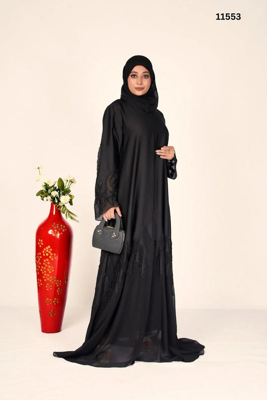 Pleated Black Abaya Georgette & Nida with Embroidered Work- غاجي والا إكسبورت Gajiwala Export