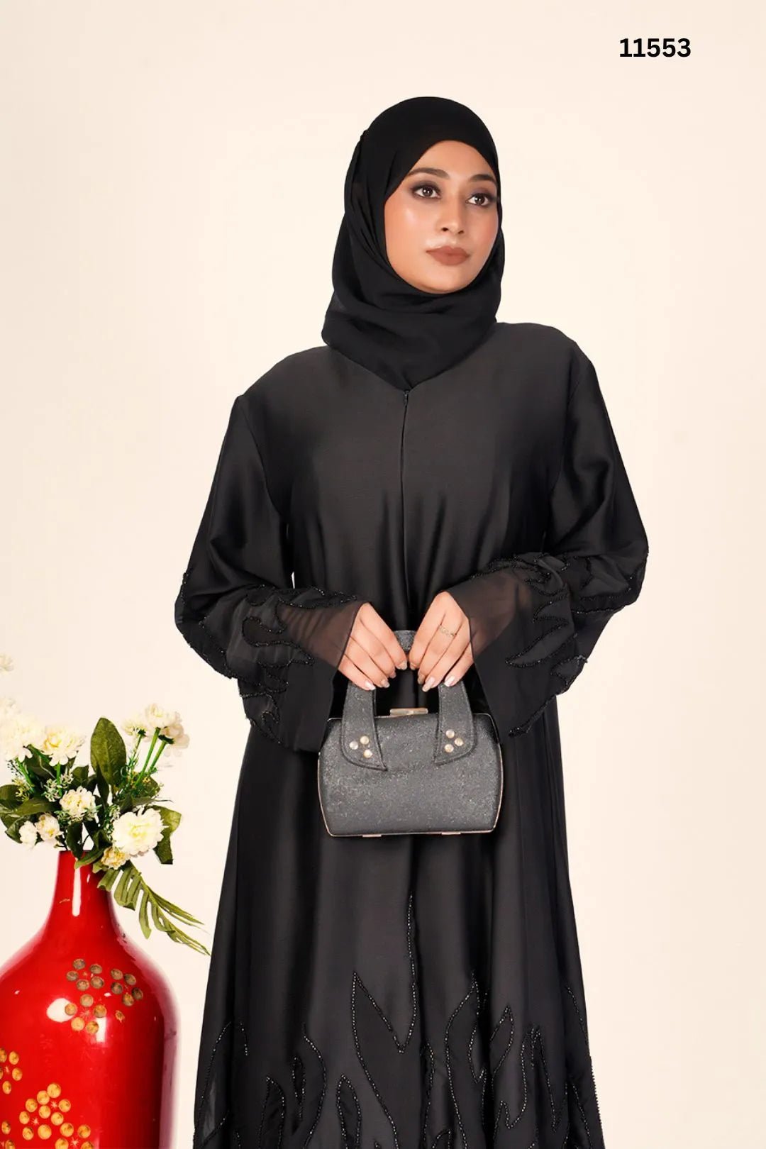 Pleated Black Abaya Georgette & Nida with Embroidered Work - غاجي والا إكسبورت Gajiwala Export