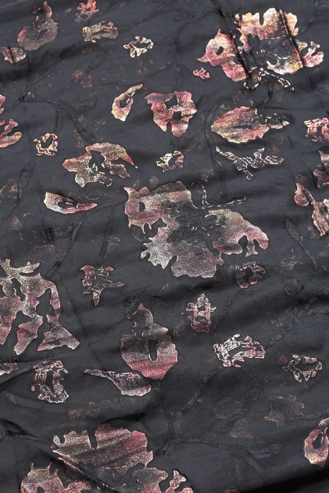 Black Brasso Fabric with Burnt Gold and Copper Floral Foil - غاجي والا إكسبورت Gajiwala Export