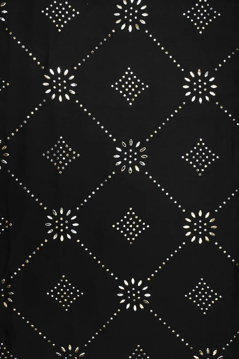 Black Fabric with Diamond Grid and Floral Motifs - غاجي والا إكسبورت Gajiwala Export