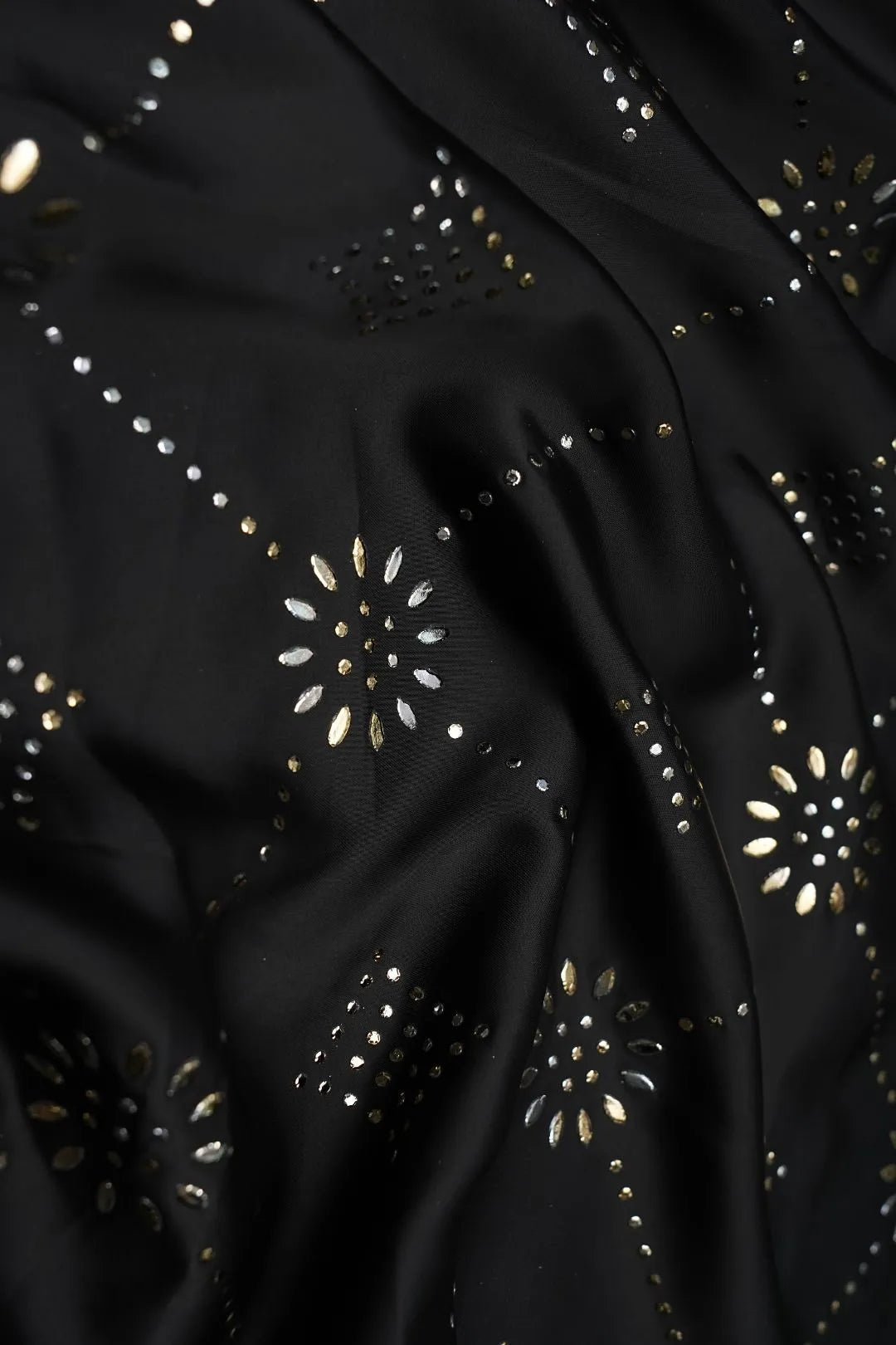 Black Fabric with Diamond Grid and Floral Motifs - غاجي والا إكسبورت Gajiwala Export