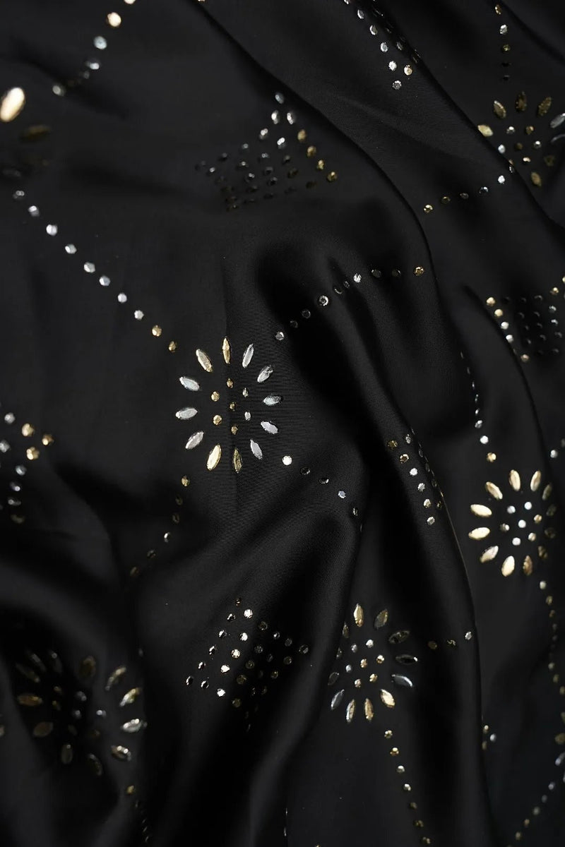 Black Fabric with Diamond Grid and Floral Motifs - غاجي والا إكسبورت Gajiwala Export