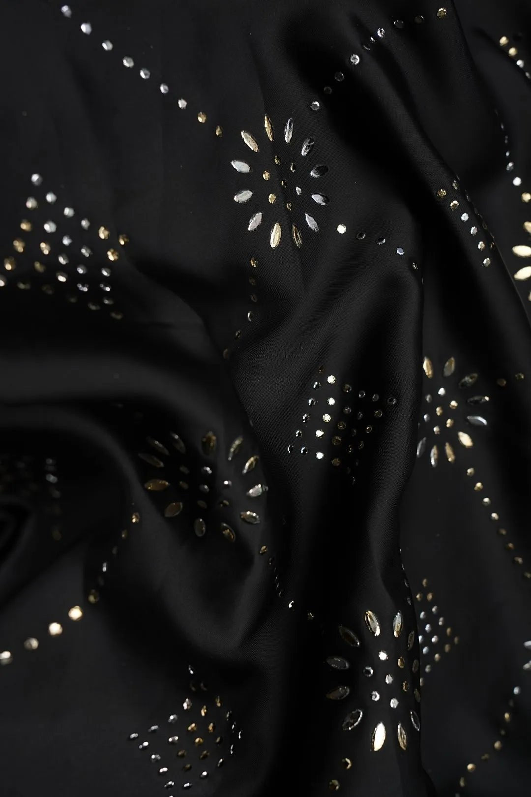 Black Fabric with Diamond Grid and Floral Motifs - غاجي والا إكسبورت Gajiwala Export