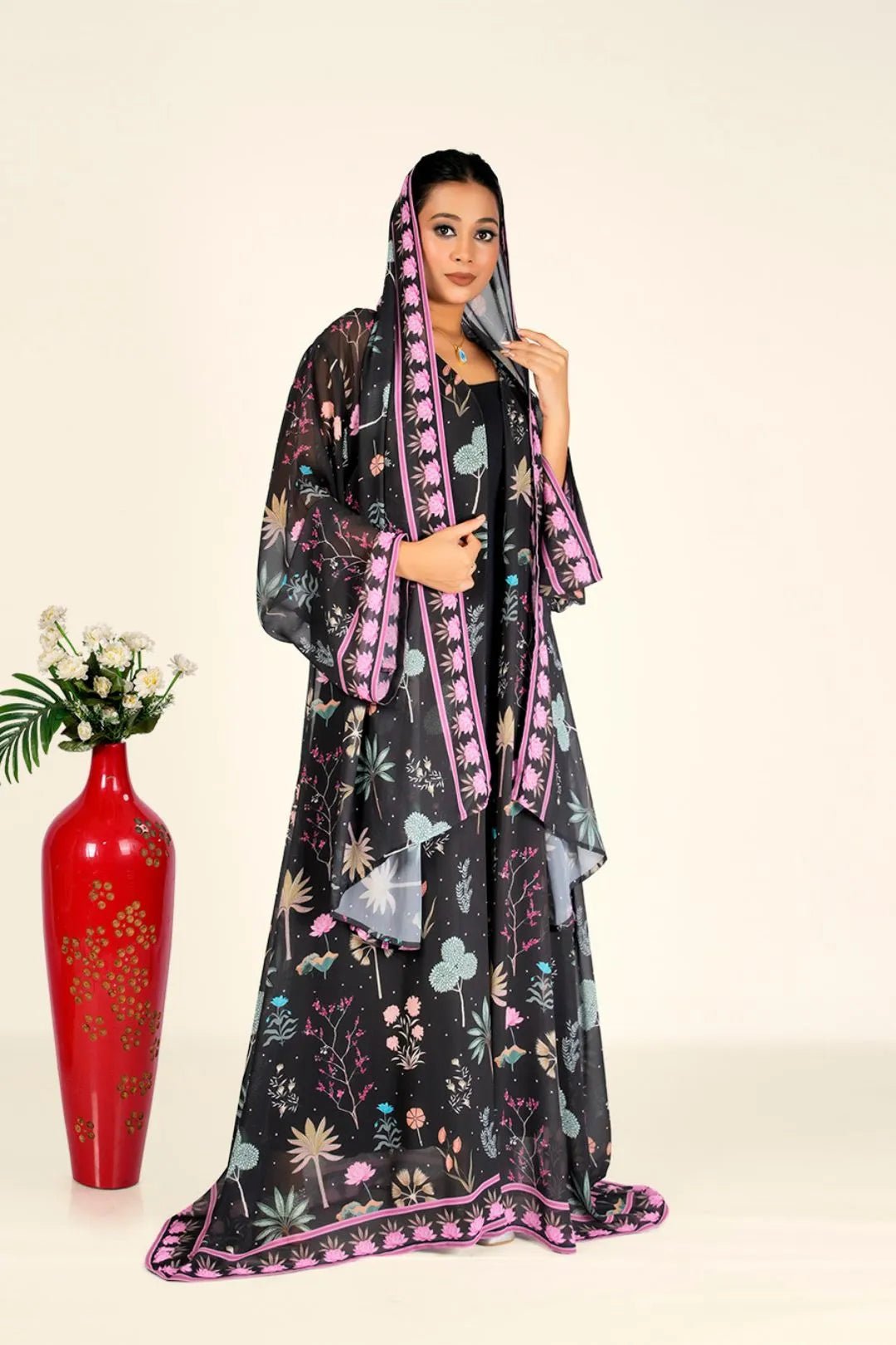 Black Garden Print Sheer Flowing Shrug Fabric Set - غاجي والا إكسبورت Gajiwala Export