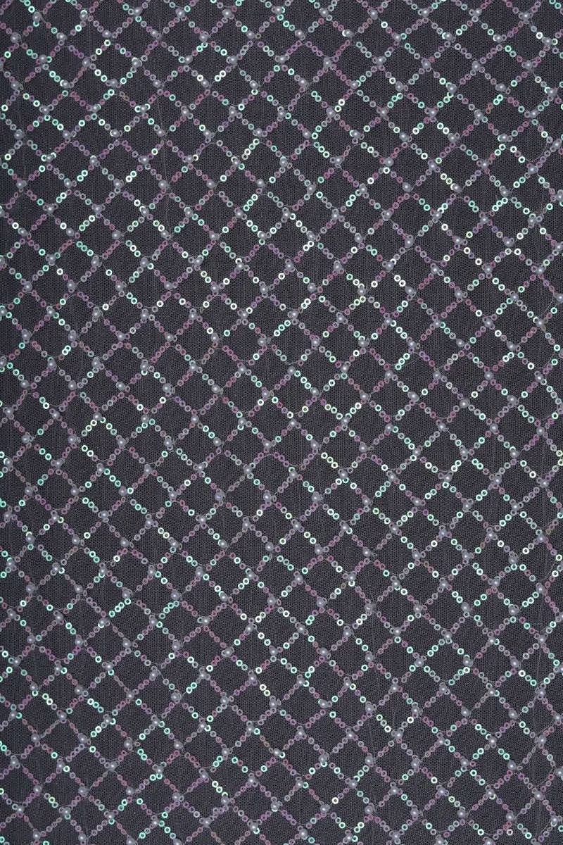 Black Iridescent Grid Sequin Embroidery Fabric - غاجي والا إكسبورت Gajiwala Export