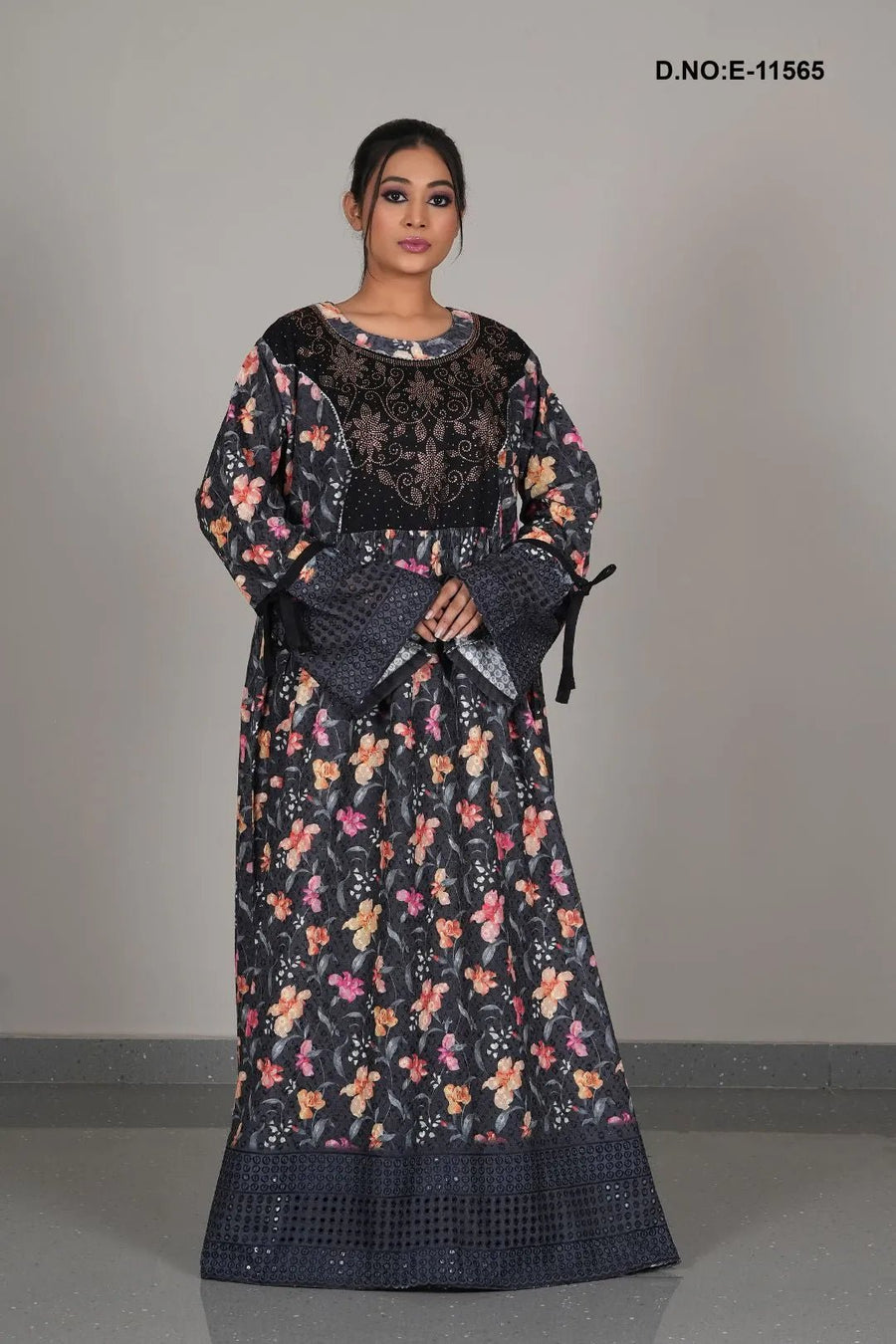 Black Kaftan Dress with Gilded Bodice and Floral Print - غاجي والا إكسبورت Gajiwala Export