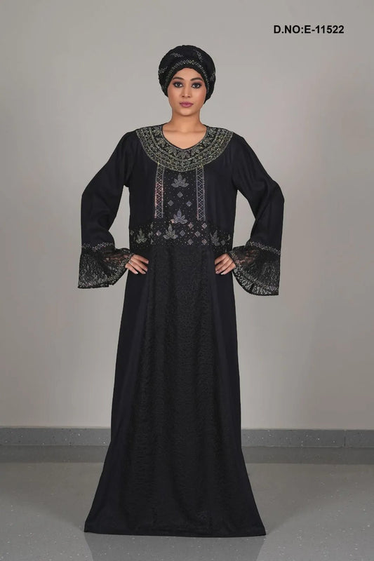 Black Kaftan Abaya with Multi-Tone Beaded Yoke and Lace - غاجي والا إكسبورت Gajiwala Export